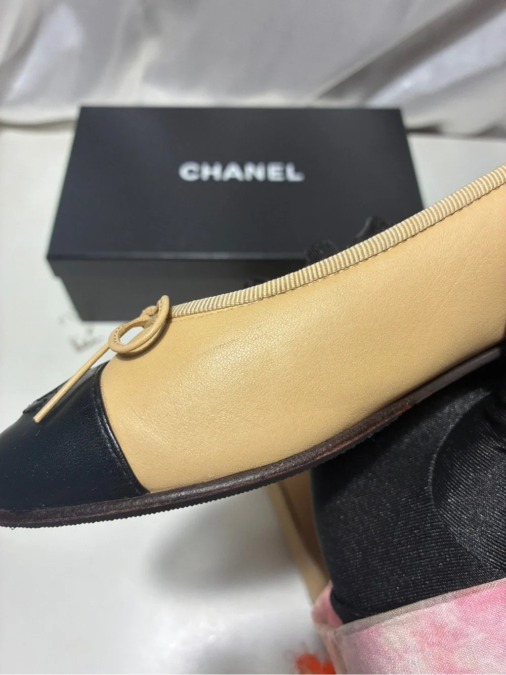 CHANEL Beige Leather Ballet Flats with Black Cap Toe